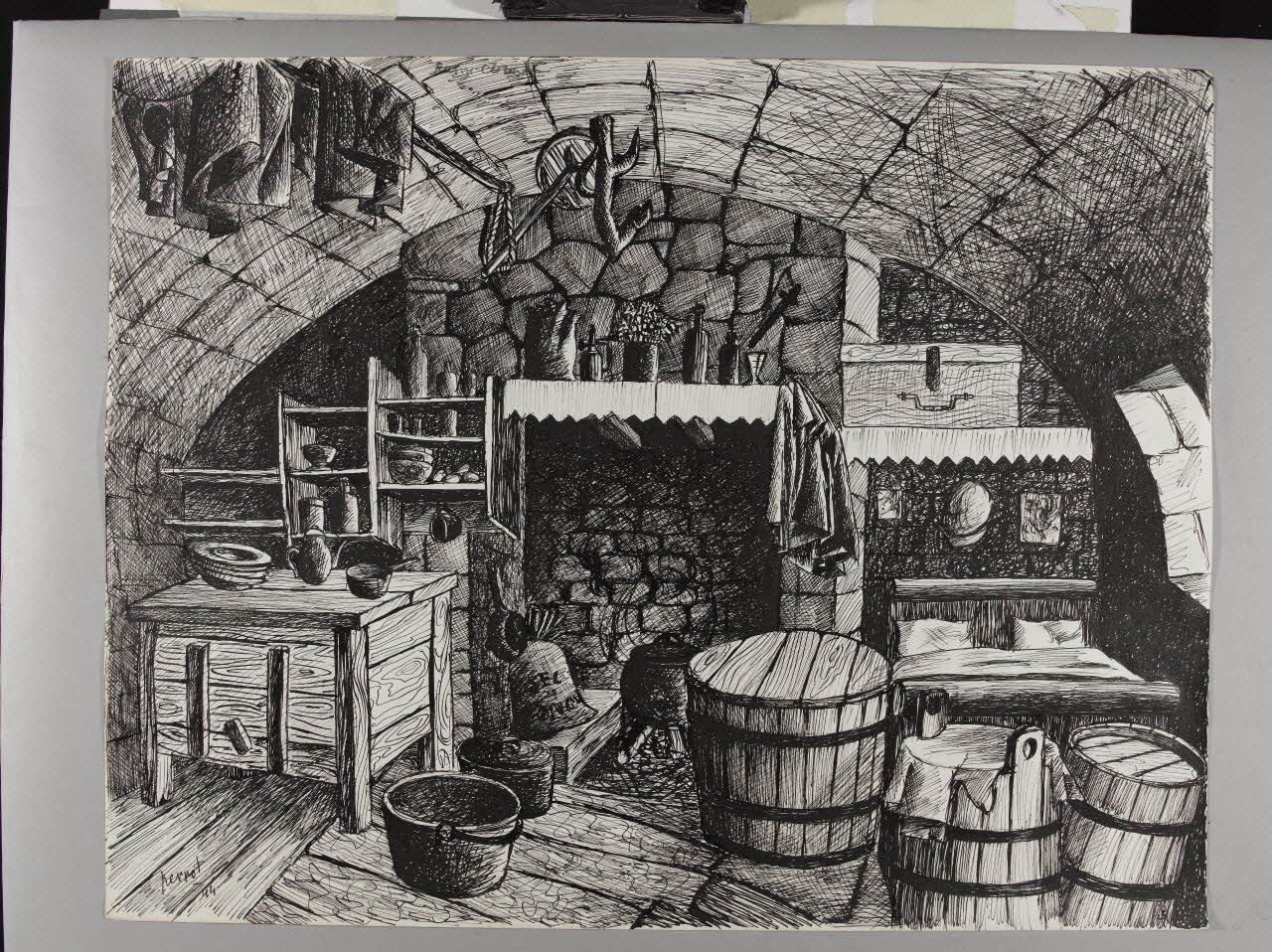 René Perrot dessin Intérieur du Buron Chauvet Auvergne, France 1944 1944.10.73 Photo RMN-Grand Palais (Mucem)/ Franck Raux