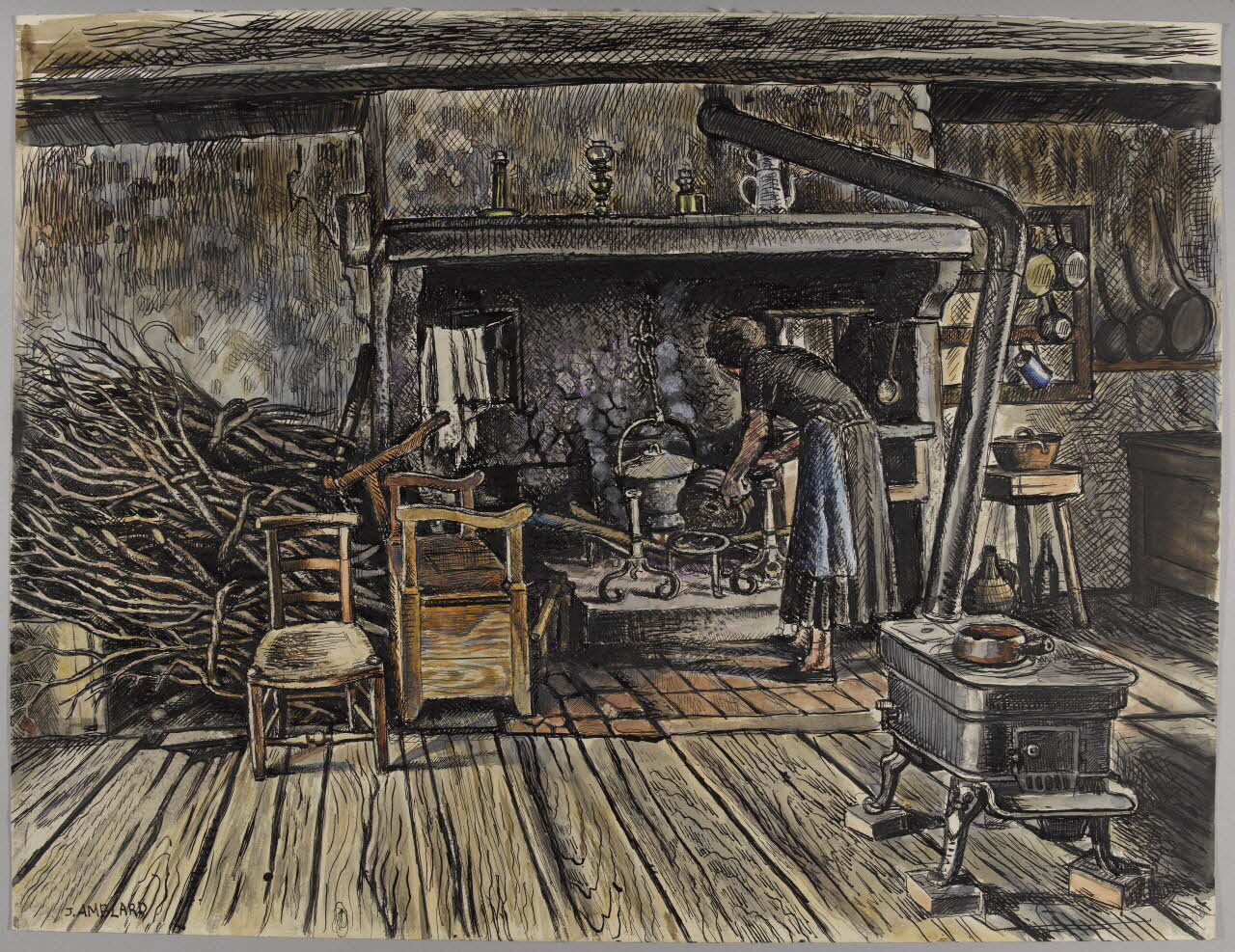 Jean Amblard dessin Mme Amblard faisant la cuisine dans l'âtre France 1944 1944.2.1 Photo RMN-Grand Palais (Mucem)