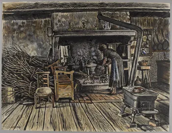 Jean Amblard dessin Mme Amblard faisant la cuisine dans l'âtre France 1944 1944.2.1 Photo RMN-Grand Palais (Mucem)