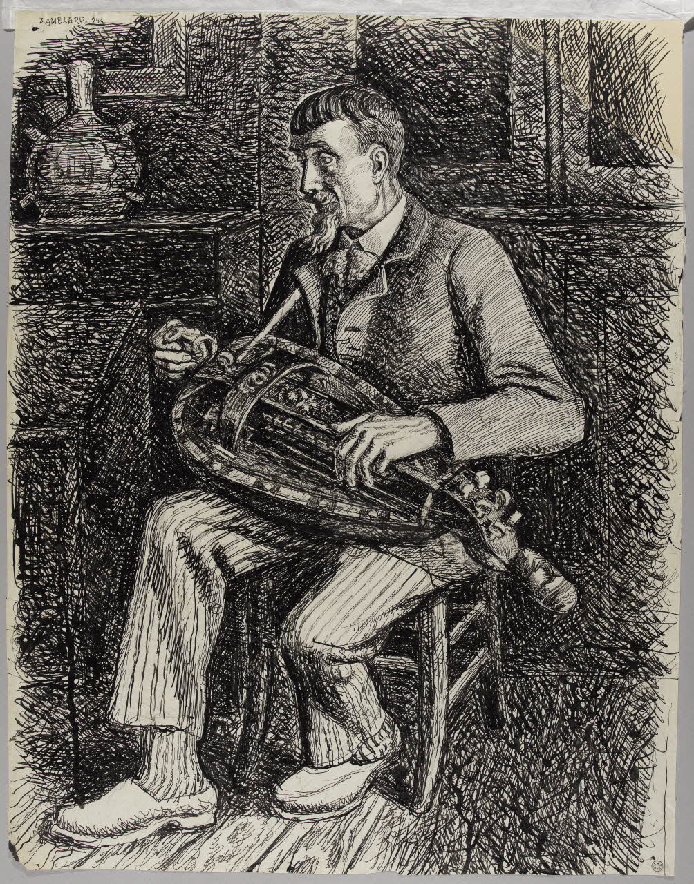Jean Amblard dessin Pierre Baptissard jouant de la vielle 1944 1944.3.37 Photo RMN-Grand Palais (Mucem)/ Franck Raux