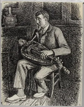 Jean Amblard dessin Pierre Baptissard jouant de la vielle 1944 1944.3.37  Photo RMN-Grand Palais (Mucem)/ Franck Raux