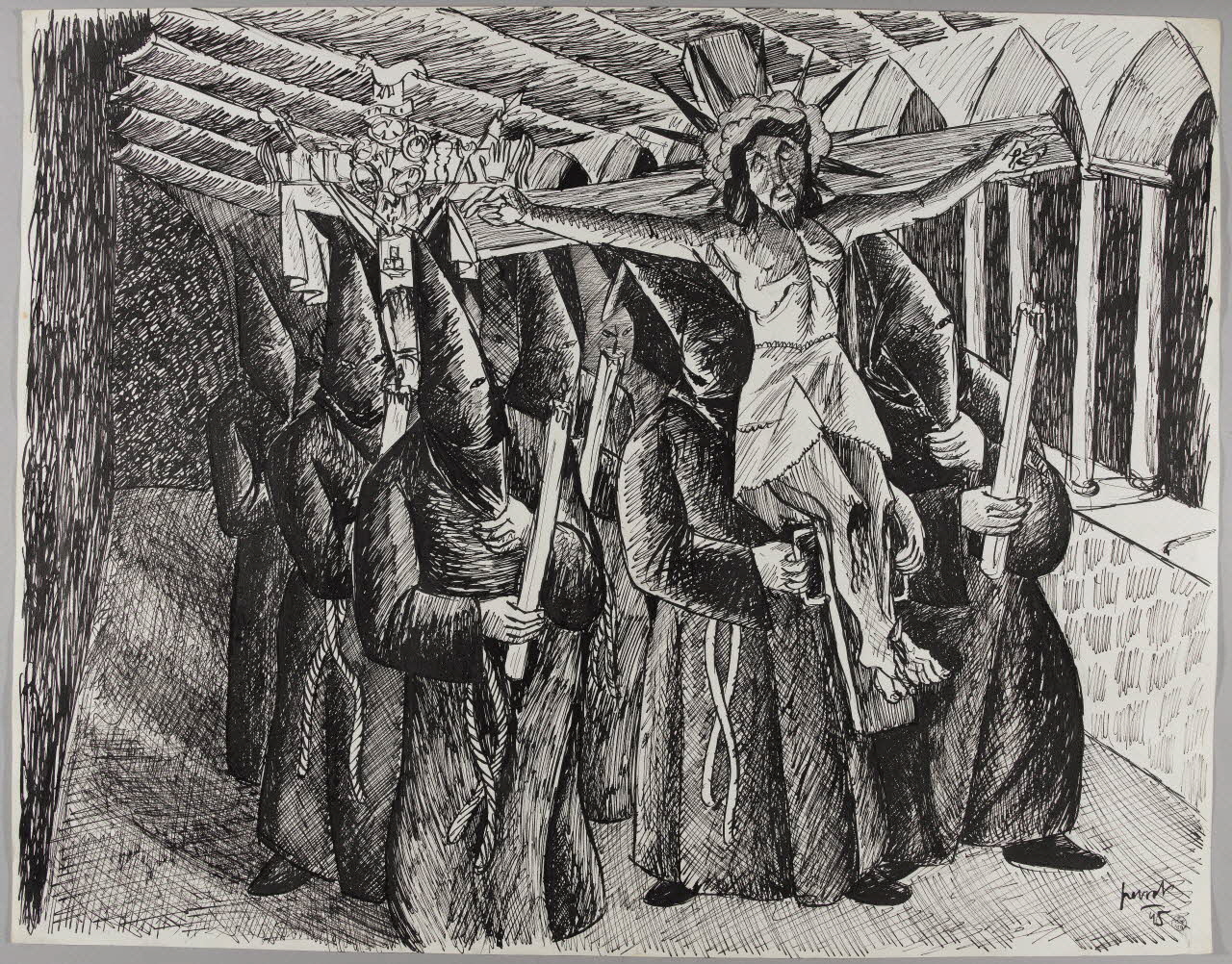 René Perrot dessin Procession nocturne du Jeudi-Saint à Arles-sur-Tech (Pyrénées-Orientales) - les penitents noirs Occitanie, France 1945 1945.6.1 Photo RMN-Grand Palais (Mucem)/ Franck Raux