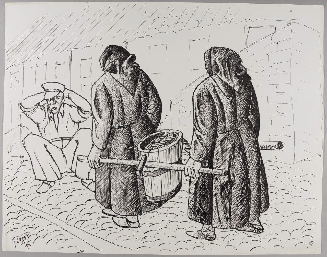 René Perrot dessin Femmes portant les cuves de sardines, Collioure (Pyrénées Orientales) Languedoc-Roussillon, France 1945 1945.6.10 Photo RMN-Grand Palais (Mucem)/ Franck Raux