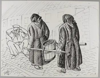 René Perrot dessin Femmes portant les cuves de sardines, Collioure (Pyrénées Orientales) Languedoc-Roussillon, France 1945 1945.6.10 Photo RMN-Grand Palais (Mucem)/ Franck Raux