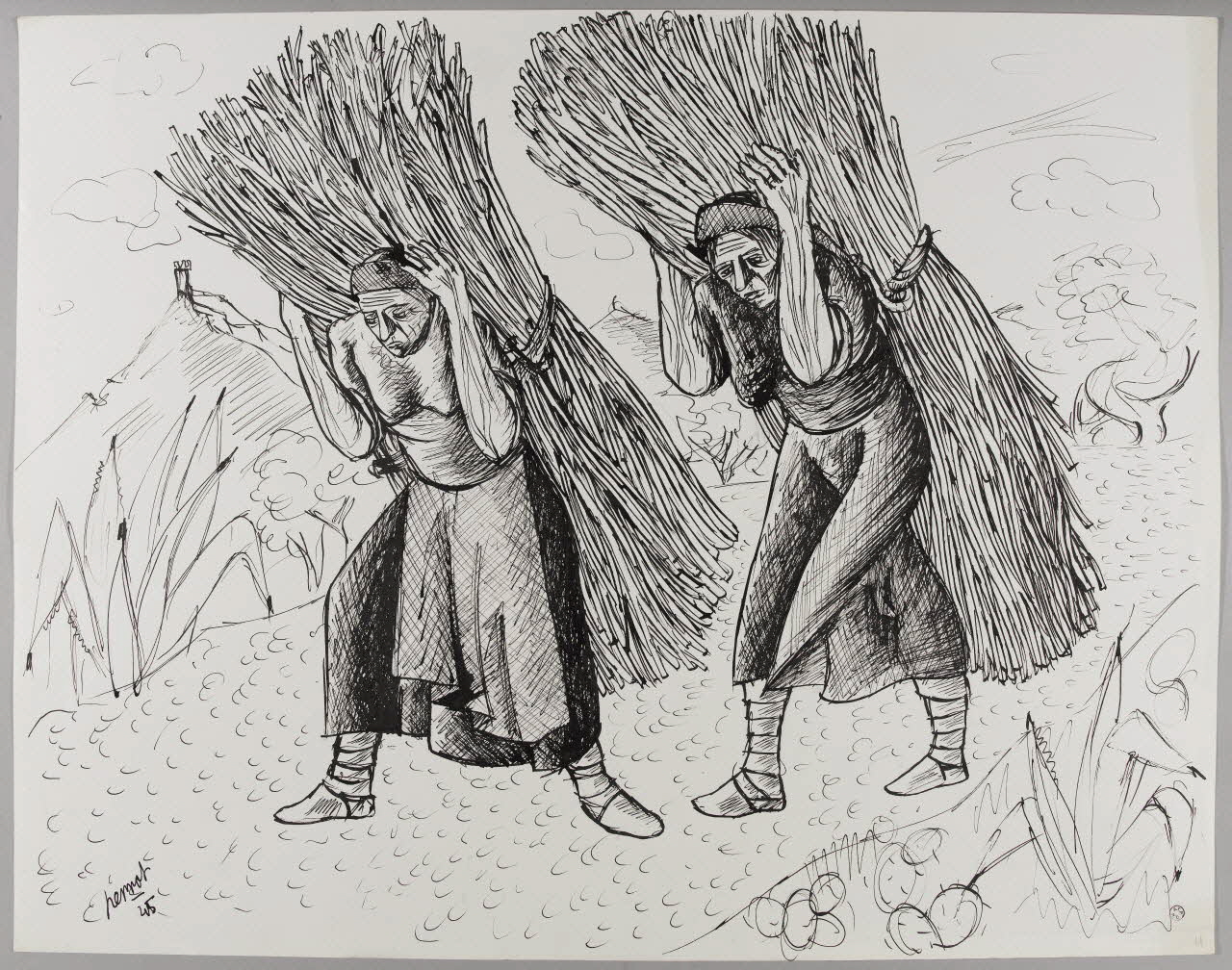 René Perrot dessin Collioure, femmes portant des fagots Languedoc-Roussillon, France 1945 1945.6.11 Photo RMN-Grand Palais (Mucem)/ Franck Raux