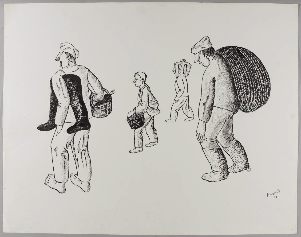 René Perrot dessin Départ de pêcheurs de Collioure avec leur paquet de cordages et leur panier Languedoc-Roussillon, France 1945 1945.6.12 Photo RMN-Grand Palais (Mucem)/ Franck Raux