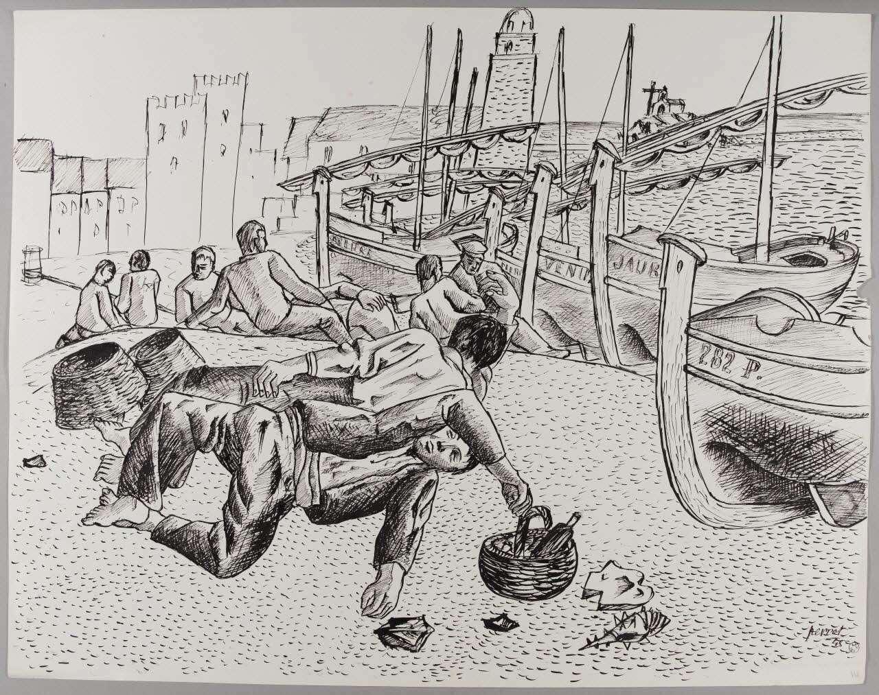 René Perrot dessin Collioure la sieste sur le port avant le départ (Pyrénées-Orientales) Languedoc-Roussillon, France 1945 1945.6.14 Photo RMN-Grand Palais (Mucem)/ Franck Raux