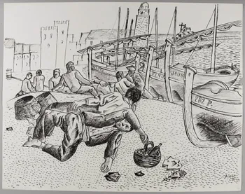 René Perrot dessin Collioure la sieste sur le port avant le départ (Pyrénées-Orientales) Languedoc-Roussillon, France 1945 1945.6.14  Photo RMN-Grand Palais (Mucem)/ Franck Raux