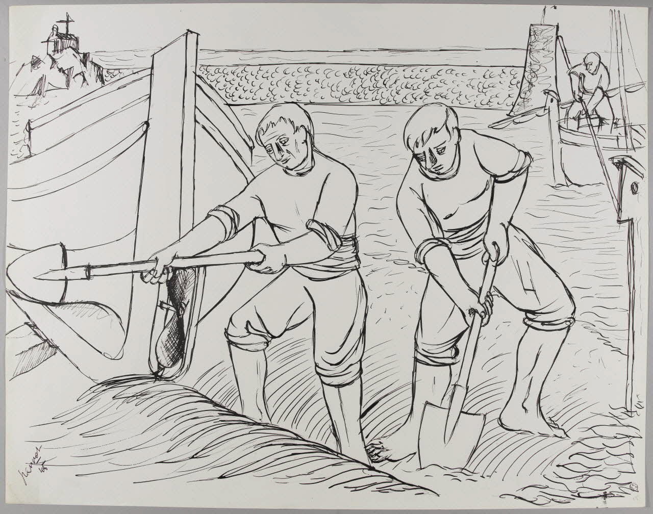 René Perrot dessin Préparation à la pelle du chemin du bateau Languedoc-Roussillon, France 1945 1945.6.15 Photo RMN-Grand Palais (Mucem)/ Franck Raux
