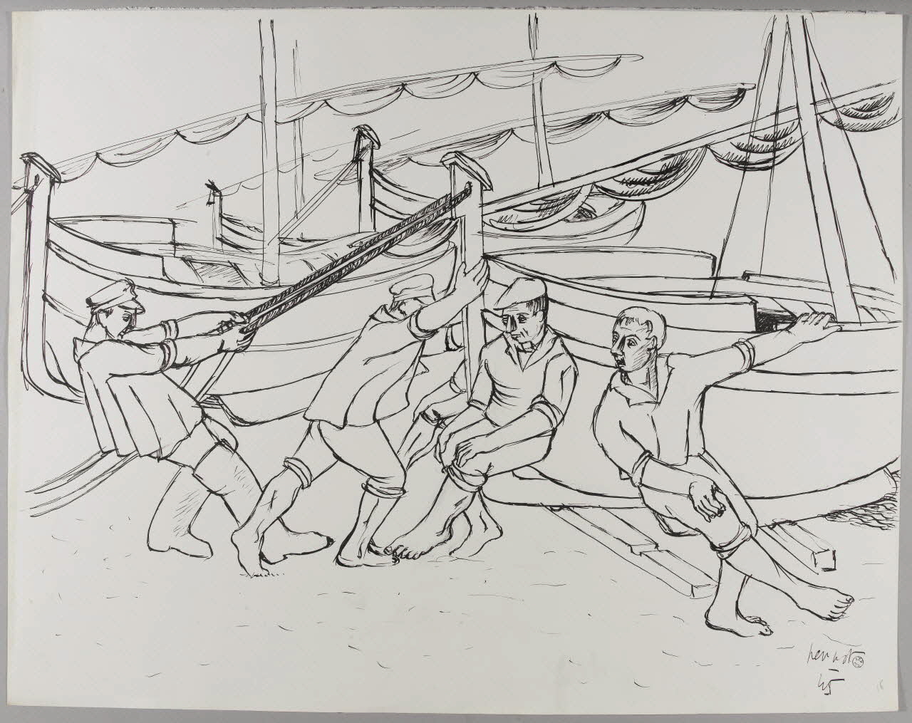 René Perrot dessin Mise à l'eau d'une embarcation (Pyrénées-Orientales) Languedoc-Roussillon, France 1945 1945.6.16 Photo RMN-Grand Palais (Mucem)/ Franck Raux