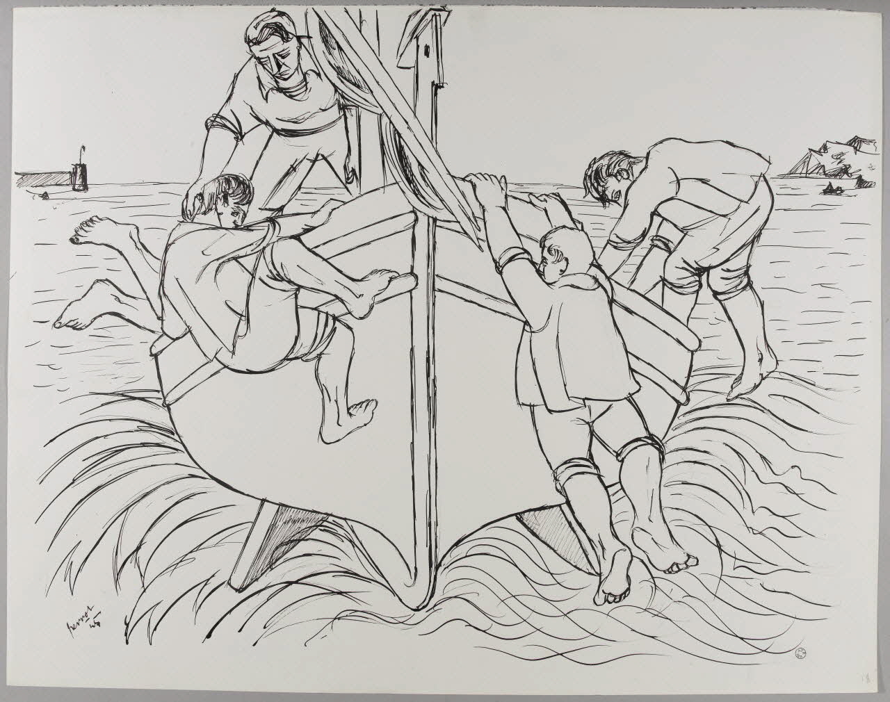 René Perrot dessin Mise à l'eau d'une embarcation (Pyrénées-Orientales) Languedoc-Roussillon, France 1945 1945.6.18 Photo RMN-Grand Palais (Mucem)/ Franck Raux