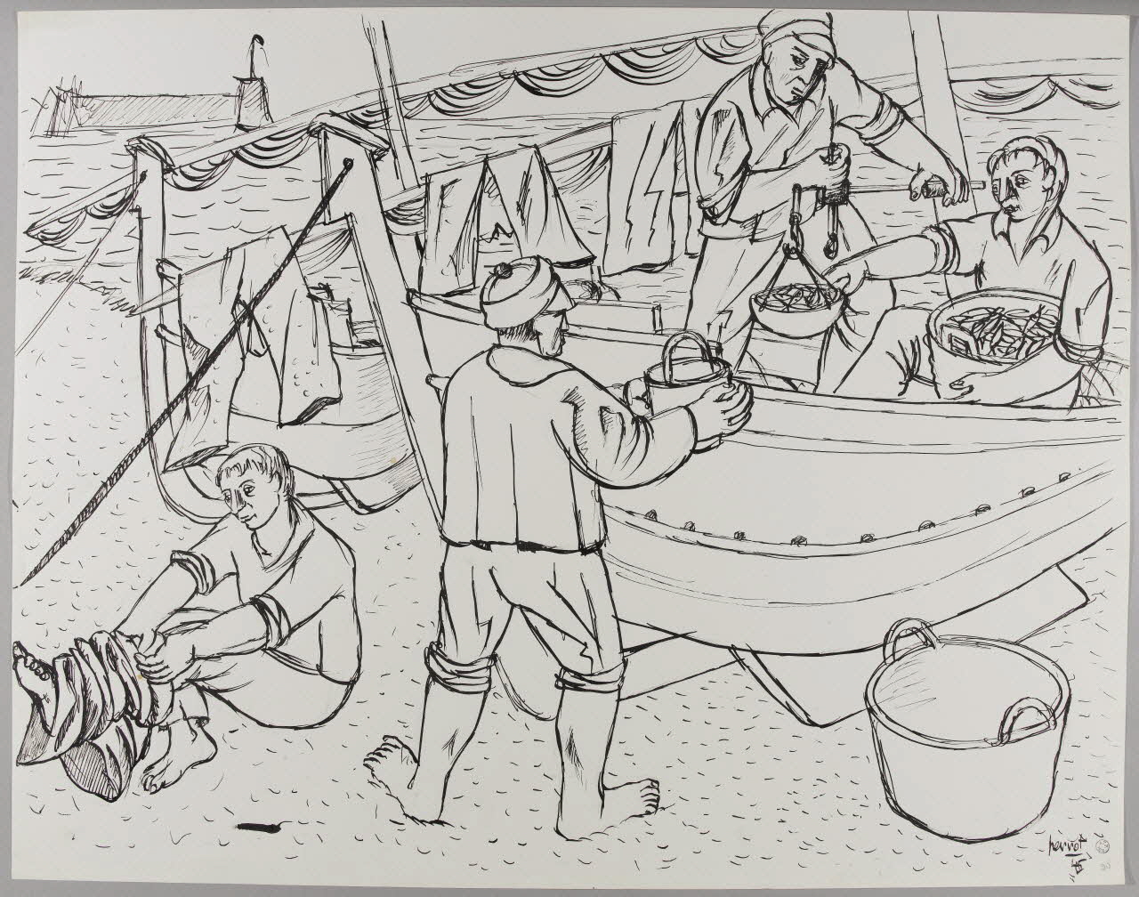 René Perrot dessin Collioure, le patron pèse la part du pêcheur Languedoc-Roussillon, France 1945 1945.6.20 Photo RMN-Grand Palais (Mucem)/ Franck Raux