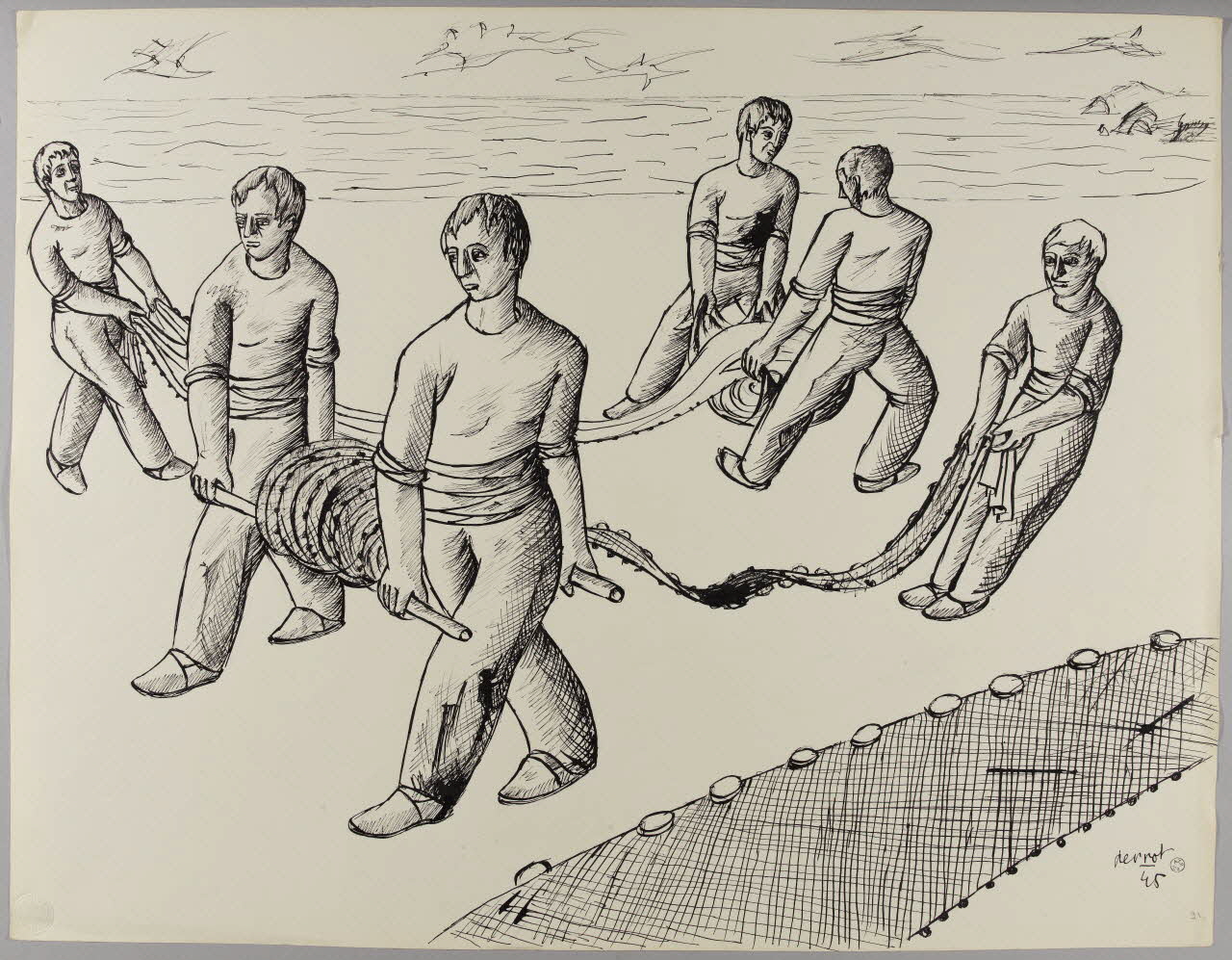 René Perrot dessin Collioure, étendage des filets (Pyrénées Orientales) Languedoc-Roussillon, France 1945 1945.6.21 Photo RMN-Grand Palais (Mucem)/ Franck Raux