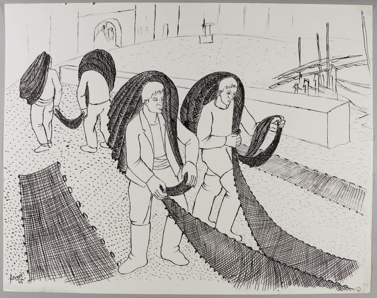 René Perrot dessin Ramassage des filets à Collioure Languedoc-Roussillon, France 1945 1945.6.23 Photo RMN-Grand Palais (Mucem)/ Franck Raux