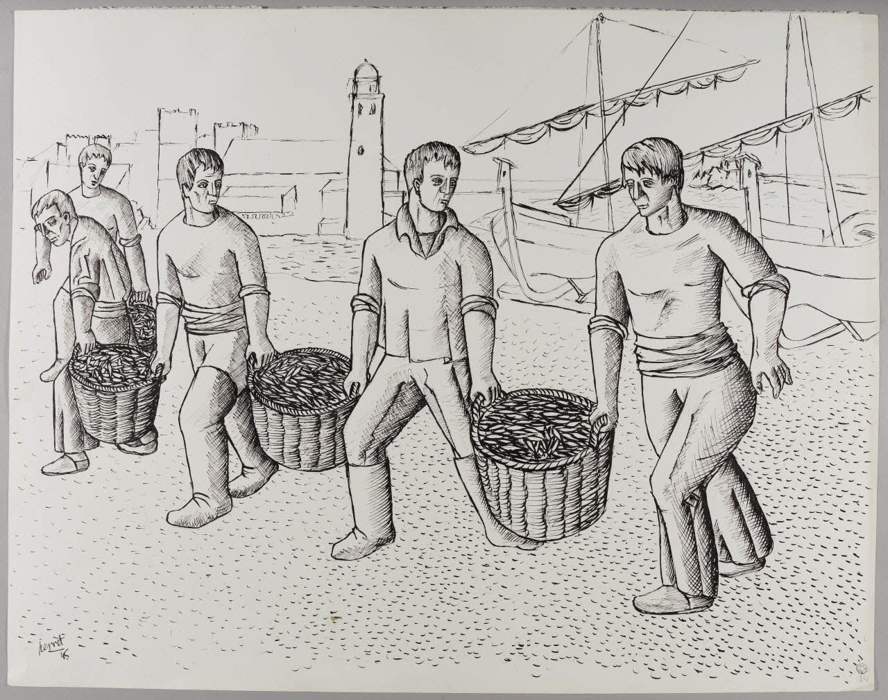 René Perrot dessin Collioure, transport des corbeilles de sardines Languedoc-Roussillon, France 1945 1945.6.24 Photo RMN-Grand Palais (Mucem)/ Franck Raux