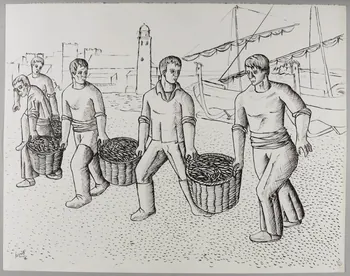 René Perrot dessin Collioure, transport des corbeilles de sardines Languedoc-Roussillon, France 1945 1945.6.24 Photo RMN-Grand Palais (Mucem)/ Franck Raux