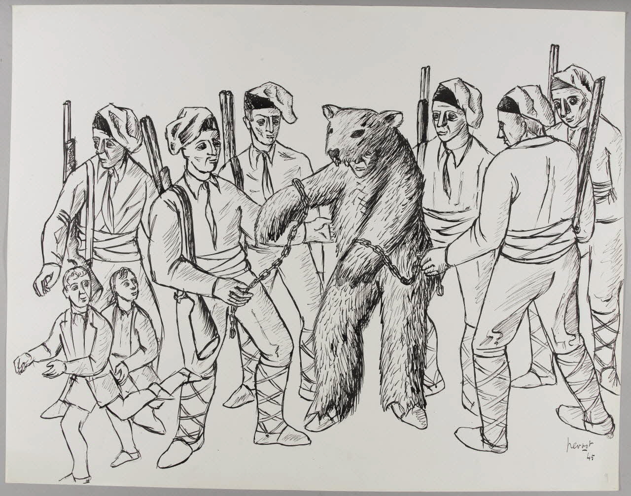 René Perrot dessin Fête du carnaval à Arles-sur-Tech (Pyrénées-Orientales), chasse à l'ours Occitanie, France 1945 1945.6.9 Photo RMN-Grand Palais (Mucem)/ Franck Raux