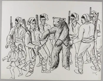 René Perrot dessin Fête du carnaval à Arles-sur-Tech (Pyrénées-Orientales), chasse à l'ours Occitanie, France 1945 1945.6.9 Photo RMN-Grand Palais (Mucem)/ Franck Raux