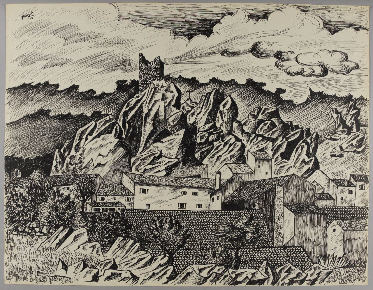 René Perrot dessin Quelques maisons dans un site rocheux Occitanie, France 1945 1948.50.24 Photo RMN-Grand Palais (Mucem)/ Franck Raux