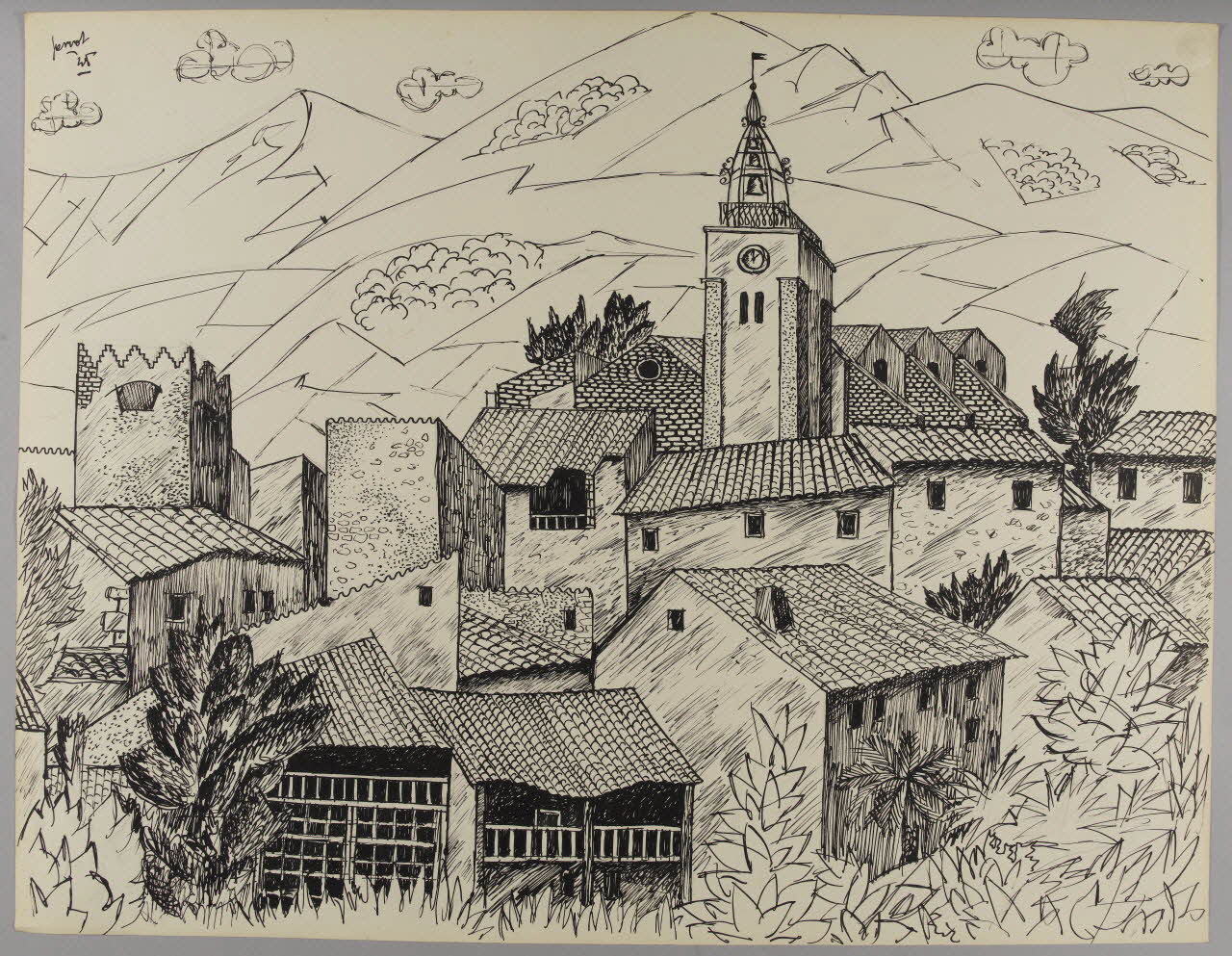René Perrot dessin Village des Pyrénées-Orientales Occitanie, France 1945 1948.50.25 Photo RMN-Grand Palais (Mucem)/ Franck Raux