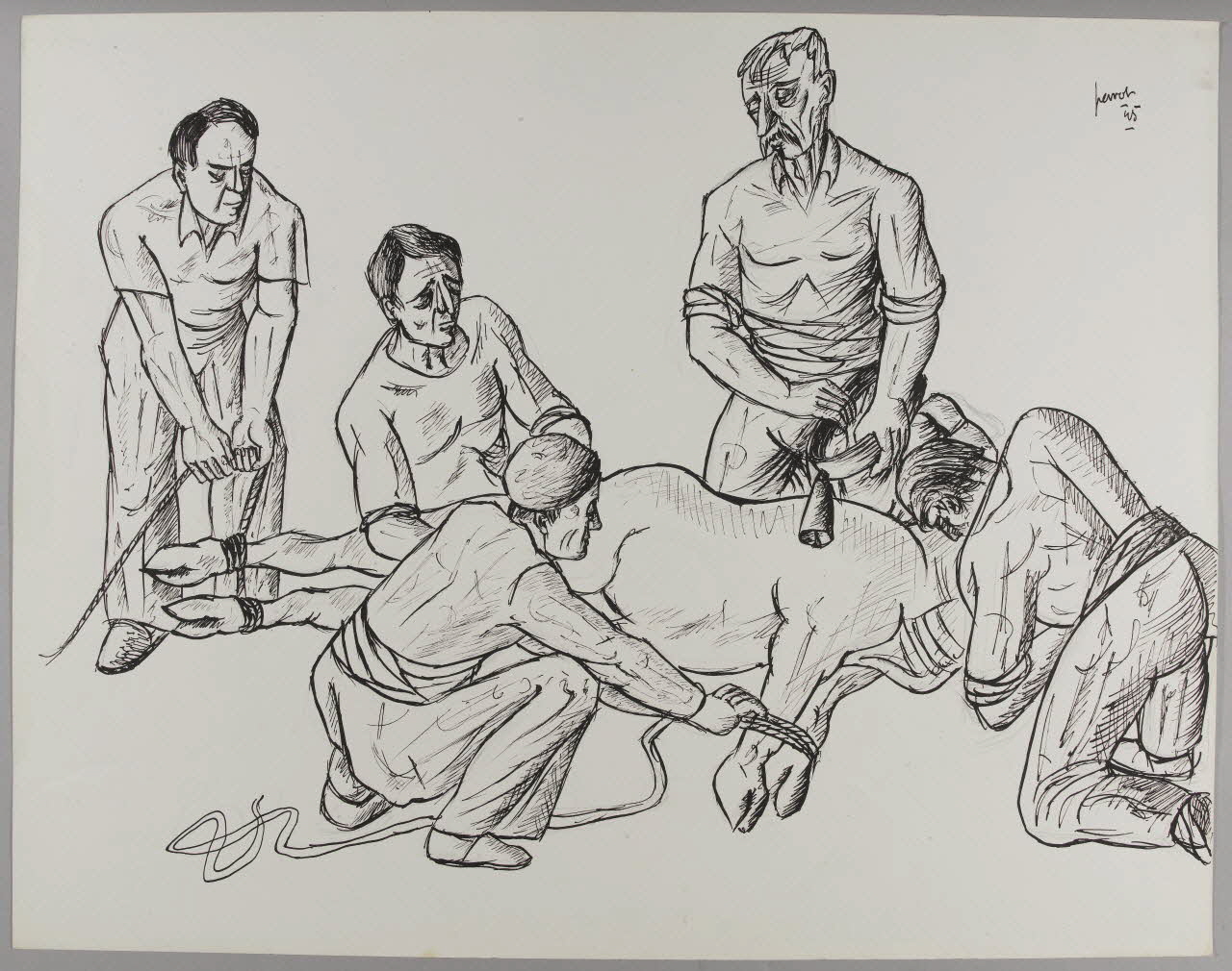 René Perrot dessin Cinq hommes auprès d'un bovidé Occitanie, France 1945 1948.50.33 Photo RMN-Grand Palais (Mucem)/ Franck Raux