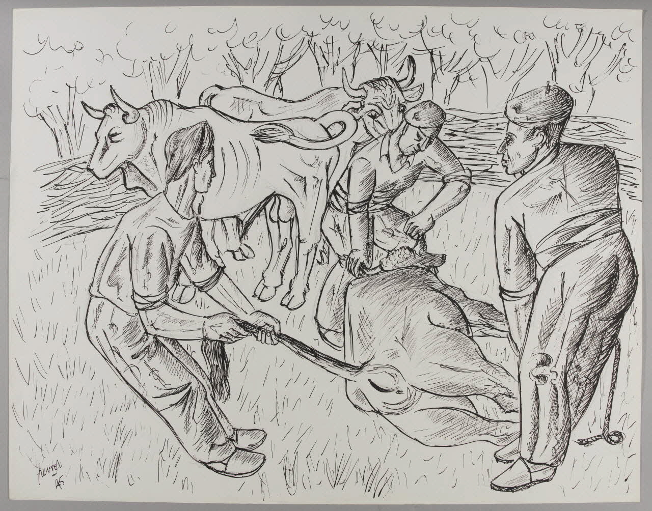 René Perrot dessin Trois hommes et trois bovidés Occitanie, France 1945 1948.50.34 Photo RMN-Grand Palais (Mucem)/ Franck Raux