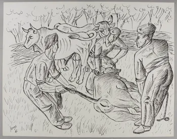 René Perrot dessin Trois hommes et trois bovidés Occitanie, France 1945 1948.50.34 Photo RMN-Grand Palais (Mucem)/ Franck Raux