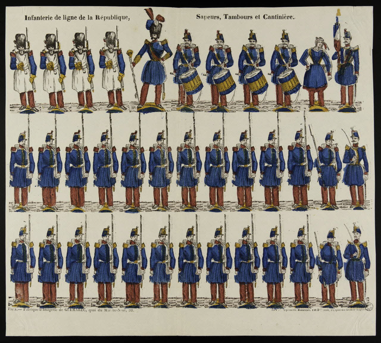 Charles-Eugène Glémarec ; Bonaventure ; D[?]essois à registres (3) Infanterie de ligne de la République,  Sapeurs, Tambours et Cantinière. Paris 1849 1953.86.2192 Photo