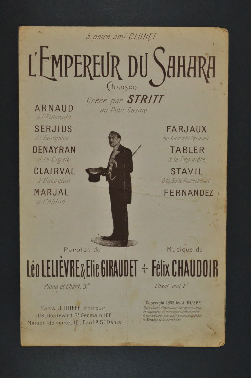 Elie Giraudet ; Léo Lelièvre ; Félix Chaudoir ; Arnaud ; Serjius ; Farjaux ; Marjal ; Stritt ; Clairval ; Fernandez ; Jeff Rueff partition de musique petit format 1903 1970.139.95 Photo Mucem