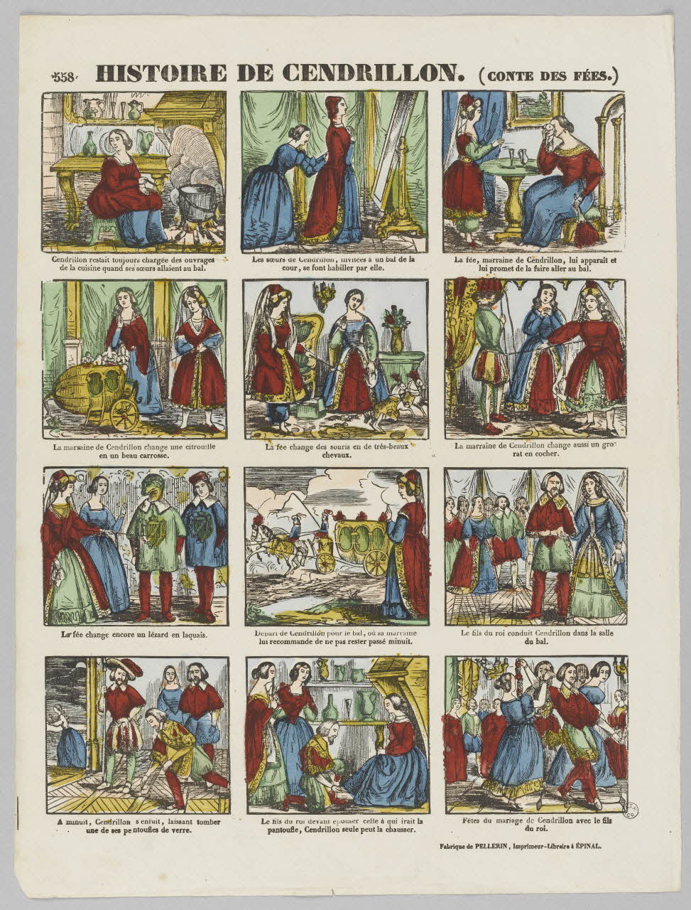 Pellerin à compartiments (3x4) HISTOIRE DE CENDRILLON. (CONTE DES FEES.) Lorraine, France 1842 1953.86.3332 Photo RMN-Grand Palais (Mucem)