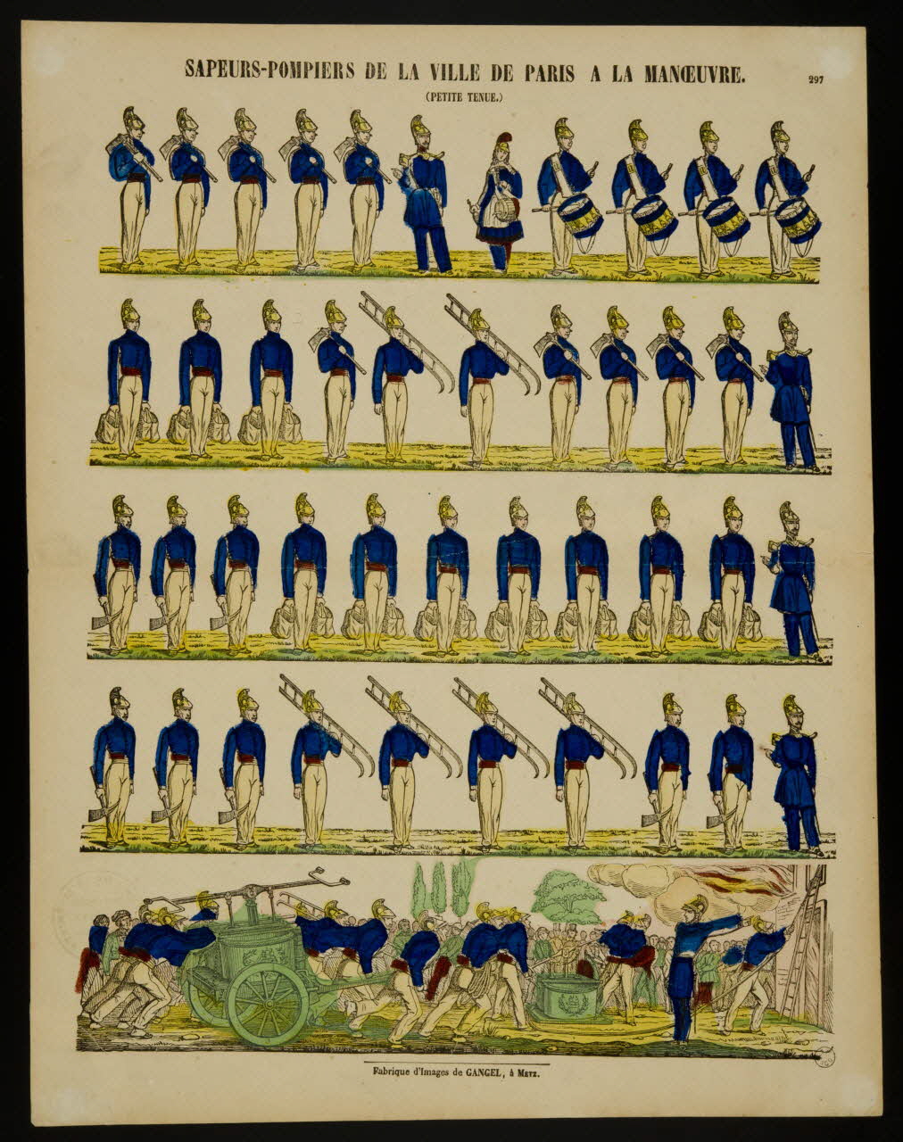 estampe SAPEURS-POMPIERS DE LA VILLE DE PARIS A LA MANOEUVRE. 1953.86.2599 Photo