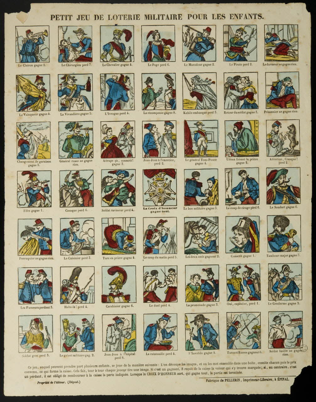 estampe PETIT JEU DE LOTERIE MILITAIRE POUR LES ENFANTS. 1953.86.2862 Photo