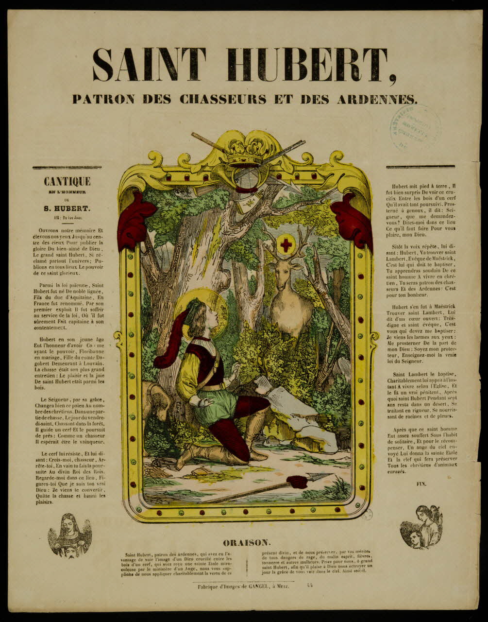 Charles Nicolas Gangel estampe SAINT HUBERT, PATRON DES CHASSEURS ET DES ARDENNES. Metz 1852-1858 1953.86.335 Photo