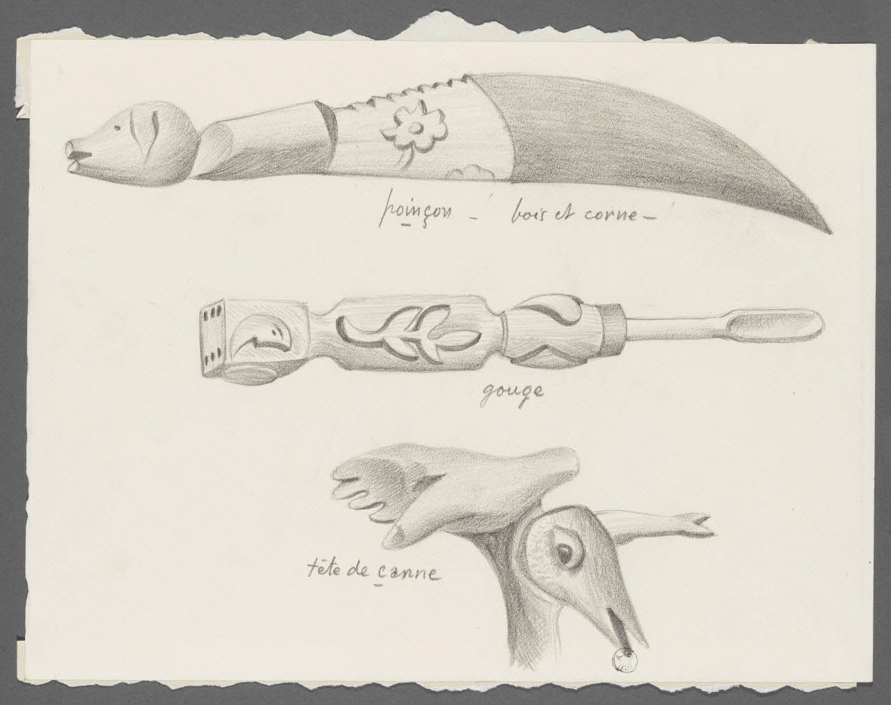 René Perrot dessin poinçon - bois et corne -  gouge  tête de canne Franche-Comté, France 1943 1943.4.27 Photo RMN-Grand Palais (Mucem)