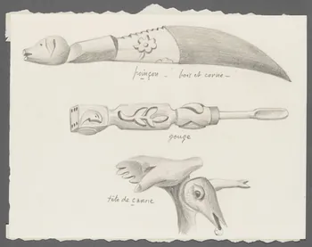René Perrot dessin poinçon - bois et corne -  gouge  tête de canne Franche-Comté, France 1943 1943.4.27 Photo RMN-Grand Palais (Mucem)