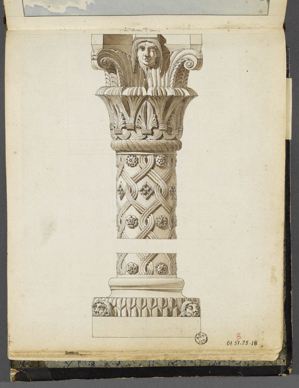 Charles Stanislas Léveillé album Relevé d'une colonne et d'un chapiteau du cloître Saint-Jean d'Elne 1820 1961.51.25.18 Photo RMN-Grand Palais (Mucem)