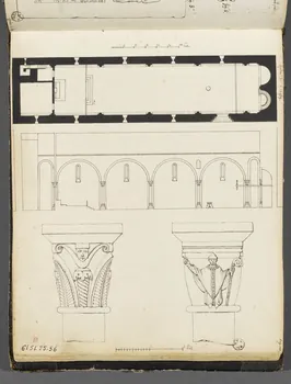 Charles Stanislas Léveillé album Plan, coupe et deux relevés de chapiteaux de l'église d'Espira-de-l'Agly 1820 1961.51.25.56 Photo RMN-Grand Palais (Mucem)