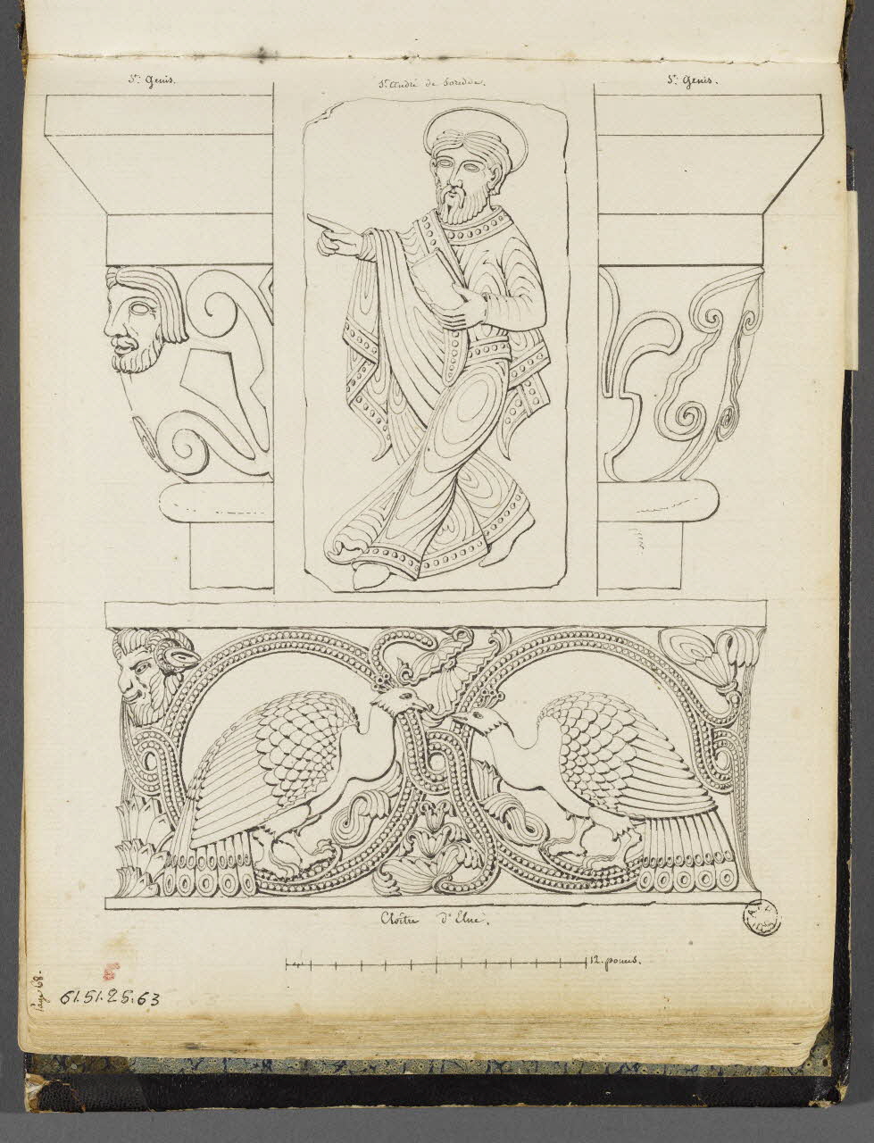 Charles Stanislas Léveillé album Relevés de reliefs du cloître Saint-Jean d'Elne et de Saint-André de Sorède et de chapiteaux de Saint-Genis-des-Fontaines 1820 1961.51.25.63 Photo RMN-Grand Palais (Mucem)