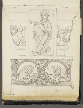 Charles Stanislas Léveillé album Relevés de reliefs du cloître Saint-Jean d'Elne et de Saint-André de Sorède et de chapiteaux de Saint-Genis-des-Fontaines 1820 1961.51.25.63  Photo RMN-Grand Palais (Mucem)