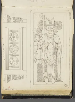 Charles Stanislas Léveillé album Relevés d'une plaque funéraire, de deux chapiteaux et d'une pierre tumulaire du cloître d'Elne 1820 1961.51.25.65 Photo RMN-Grand Palais (Mucem)