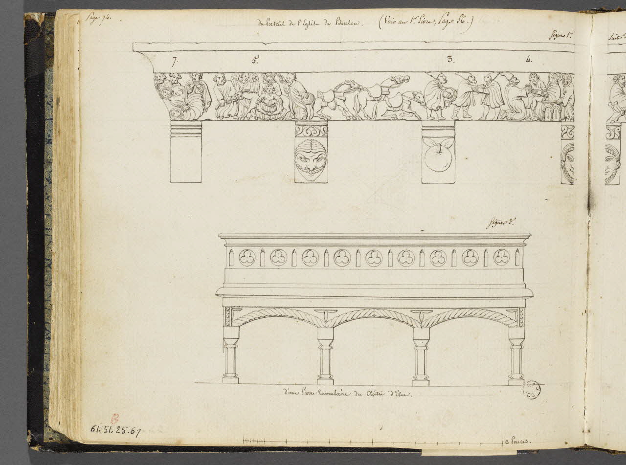 Charles Stanislas Léveillé album Relevés d'un relief du portail de l'église du Boulou (suite sur le folio inv. 61.51.25.68 B) et d'une pierre tumulaire du cloître d'Elne 1820 1961.51.25.67 Photo RMN-Grand Palais (Mucem)