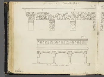 Charles Stanislas Léveillé album Relevés d'un relief du portail de l'église du Boulou (suite sur le folio inv. 61.51.25.68 B) et d'une pierre tumulaire du cloître d'Elne 1820 1961.51.25.67 Photo RMN-Grand Palais (Mucem)