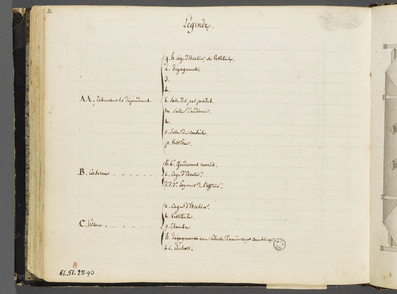 Charles Stanislas Léveillé album Inscription : légende du plan des palais de justice, prison et gendarmerie de Barcelonnette 1820 1961.51.25.90 Photo RMN-Grand Palais (Mucem)