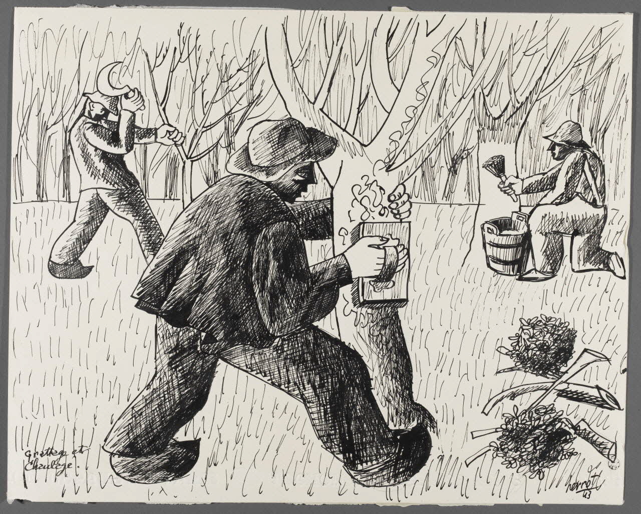 René Perrot dessin Grattage et Chaulage Franche-Comté, France 1943 1943.4.11 Photo RMN-Grand Palais (Mucem)/ Franck Raux