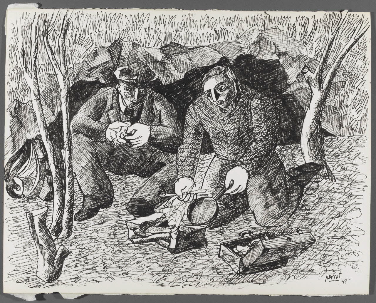 René Perrot dessin Repas en plein air Franche-Comté, France 1943 1943.4.12 Photo RMN-Grand Palais (Mucem)/ Franck Raux