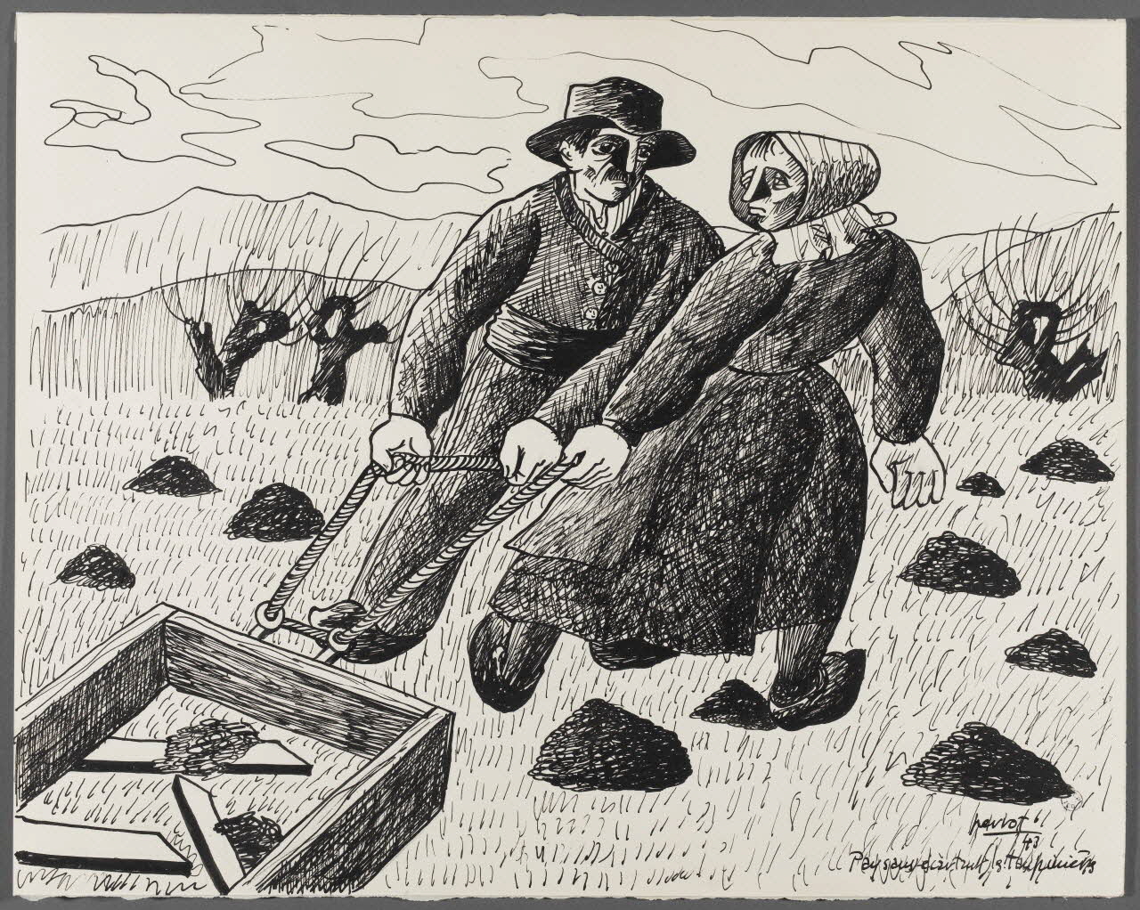 René Perrot dessin Paysans écartant les taupinières Franche-Comté, France 1943 1943.4.15 Photo RMN-Grand Palais (Mucem)/ Franck Raux