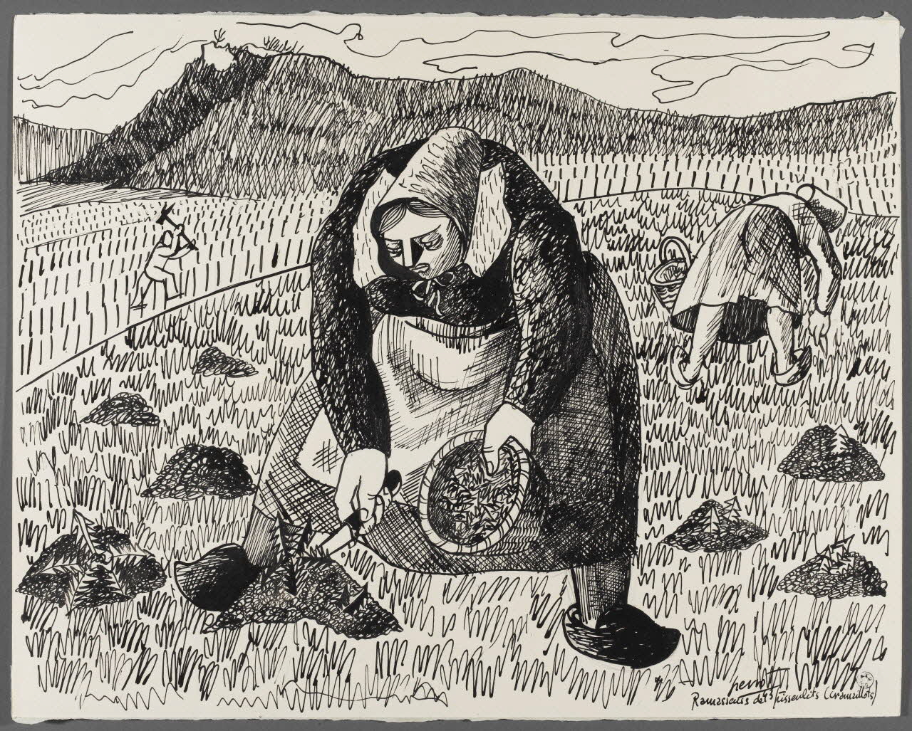 René Perrot dessin Ramasseurs de pissenlits (cramaillots) Franche-Comté, France 1943 1943.4.16 Photo RMN-Grand Palais (Mucem)/ Franck Raux
