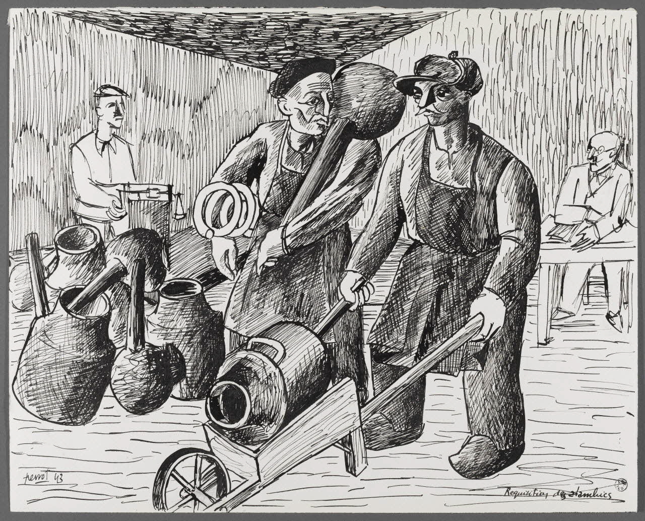 René Perrot dessin Réquisition des alambics Franche-Comté, France 1943 1943.4.18 Photo RMN-Grand Palais (Mucem)/ Franck Raux