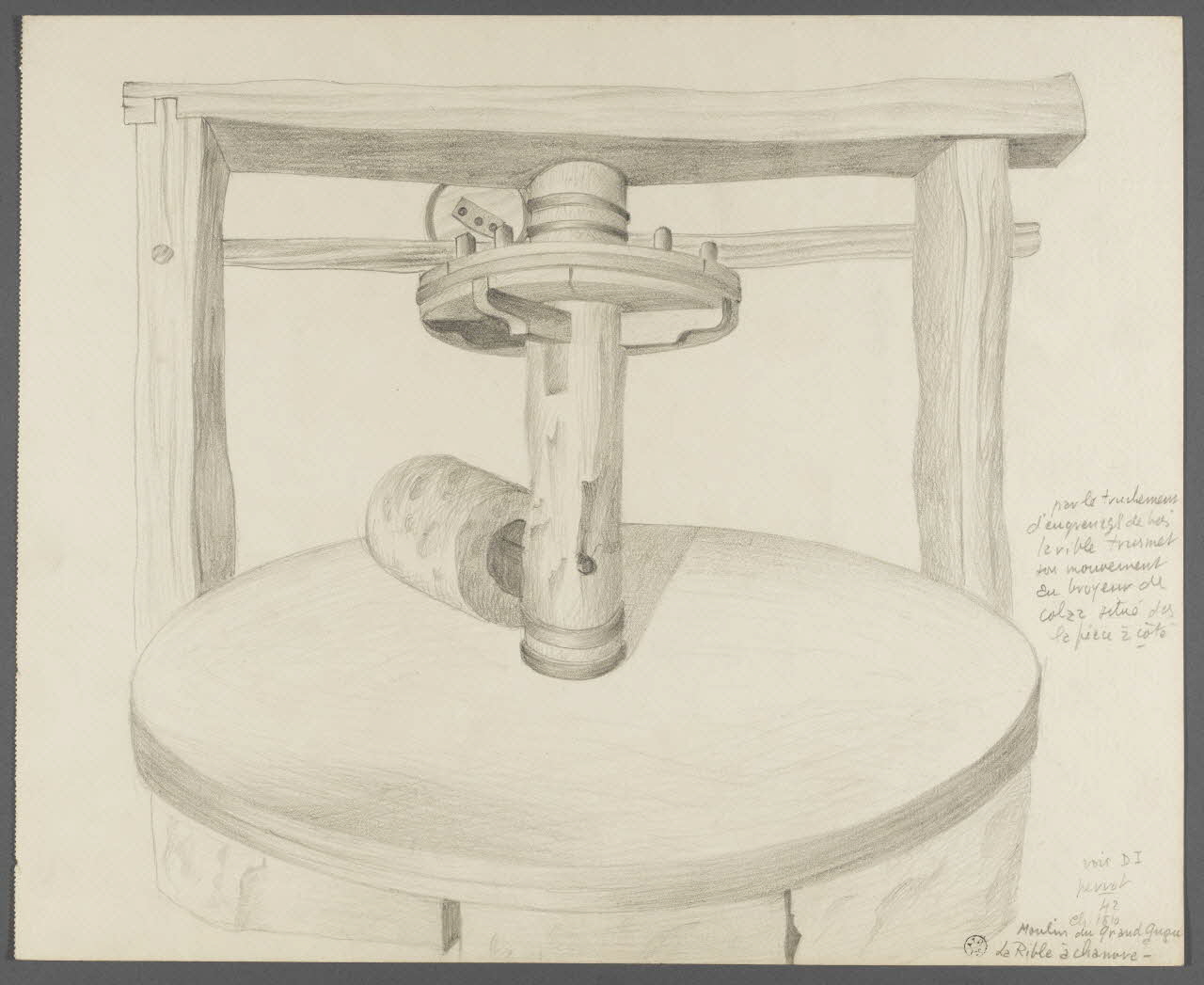René Perrot dessin Moulin du Grand Gugu  La Rible à chanvre Franche-Comté, France 1942 1943.4.2 Photo RMN-Grand Palais (Mucem)/ Franck Raux