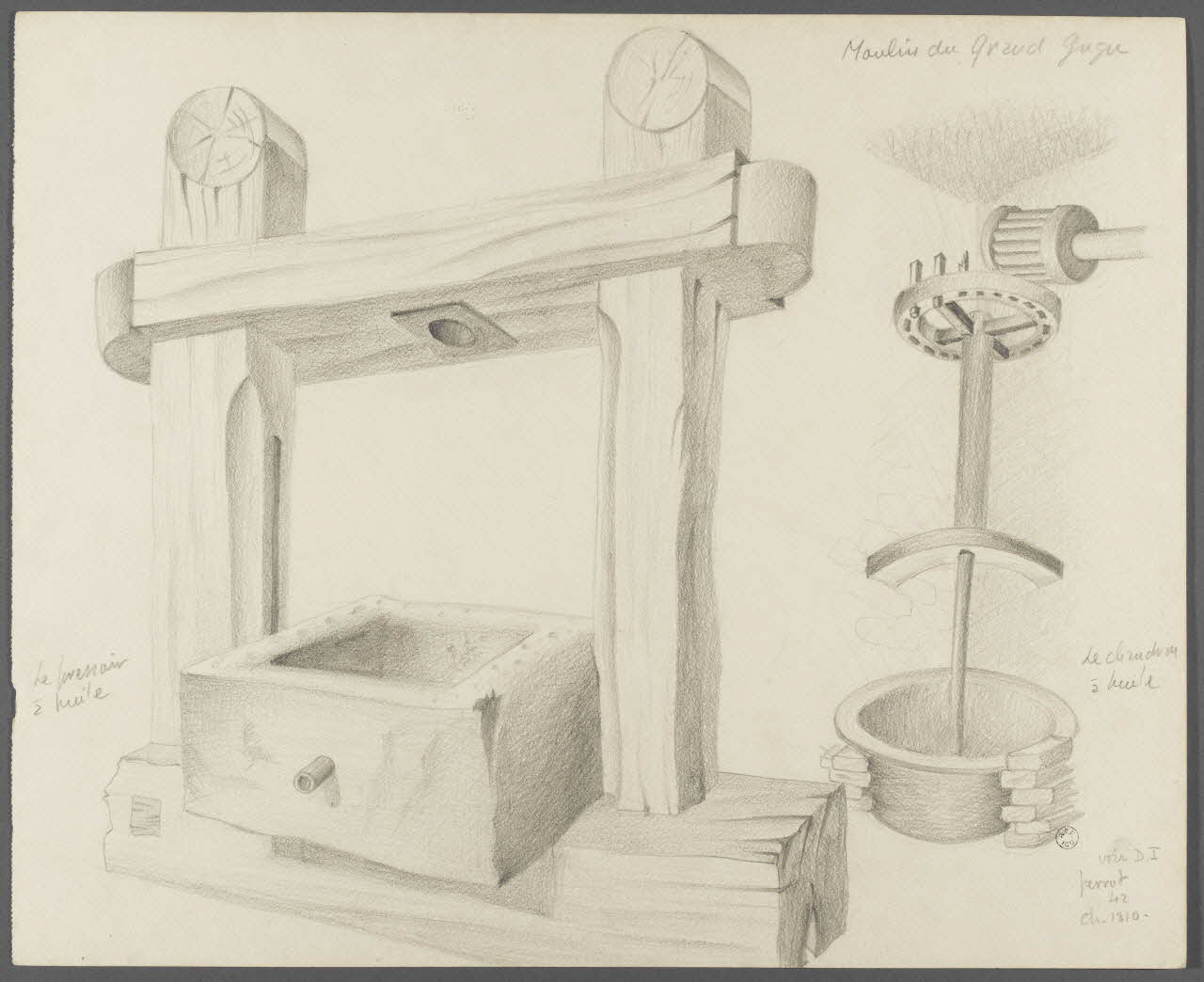 René Perrot dessin Moulin du Grand Gugu  Le pressoir  à huile  Le chaudron  à huile Franche-Comté, France 1942 1943.4.5 Photo RMN-Grand Palais (Mucem)/ Franck Raux